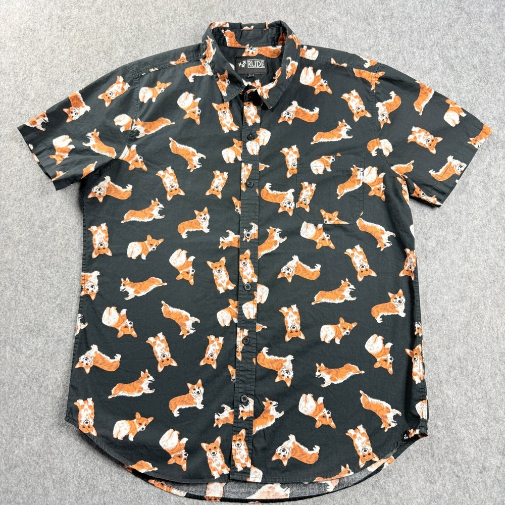 XXX RUDE Corgi Floral Pattern Shirt Adult Large Black Aloha All Over Hawaiian